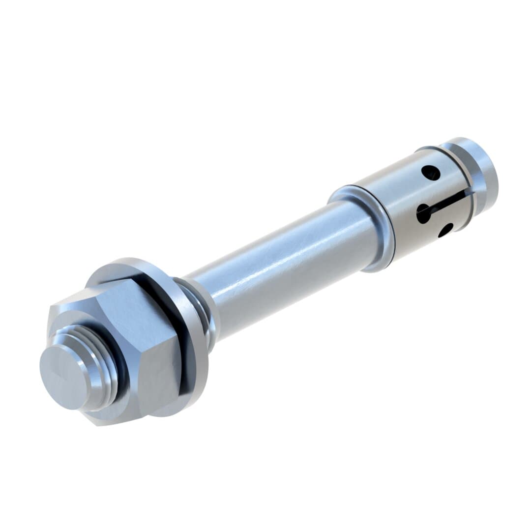 Stainless steel expansion anchor bolt with nut and washer, cylindrical shaft and slotted, holed end
