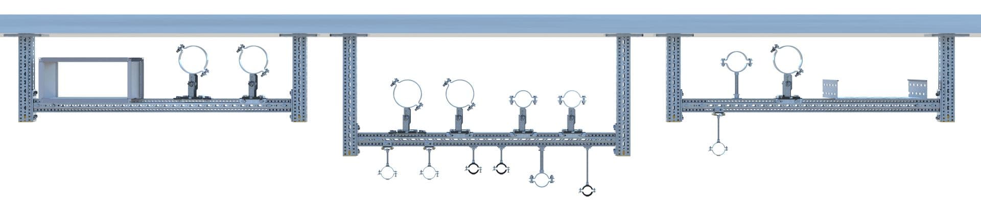 Industrial conveyor system with adjustable metal stands and multiple circular clamps, designed for mechanical or manufacturing purposes.