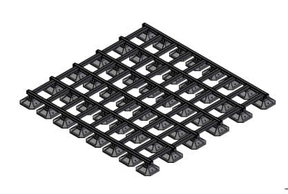 3D illustration of a grid-like metal framework with intersecting bars and non penetrative supports, viewed from an angle.