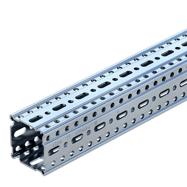 Steel perforated cable tray with multiple slots and holes, designed for organizing and supporting electrical cables.